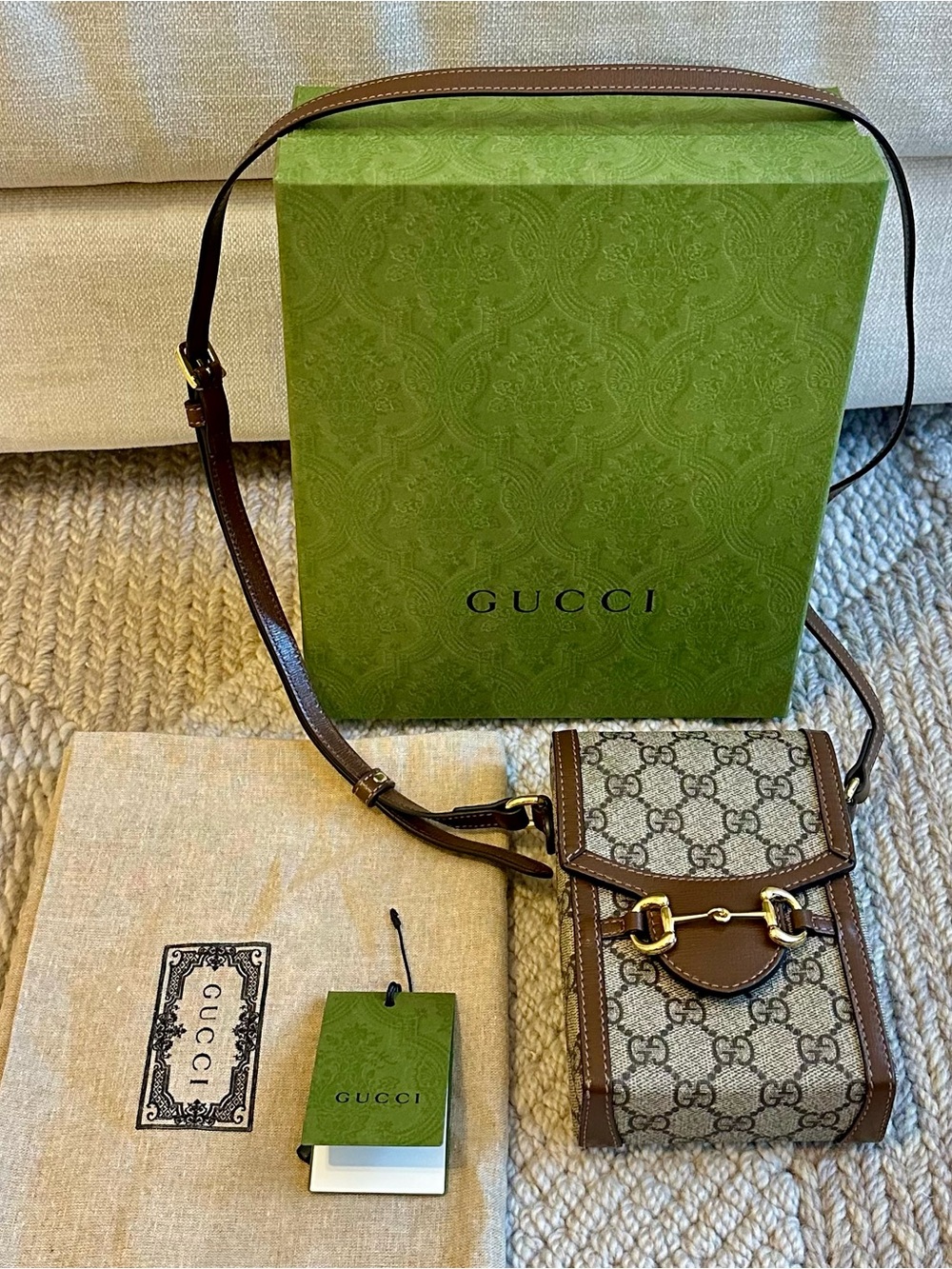 Gucci Beige/Brown GG Supreme Canvas Mini Crossbody with Gold Horsebit